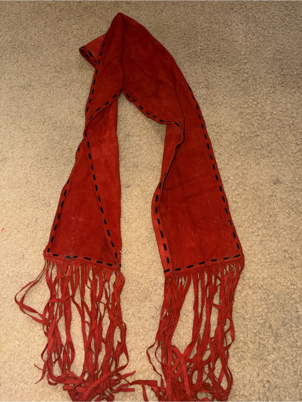 Vintage Y2K Boho Western Red Suede Fringe Scarf Shawl Whipstitch Festival